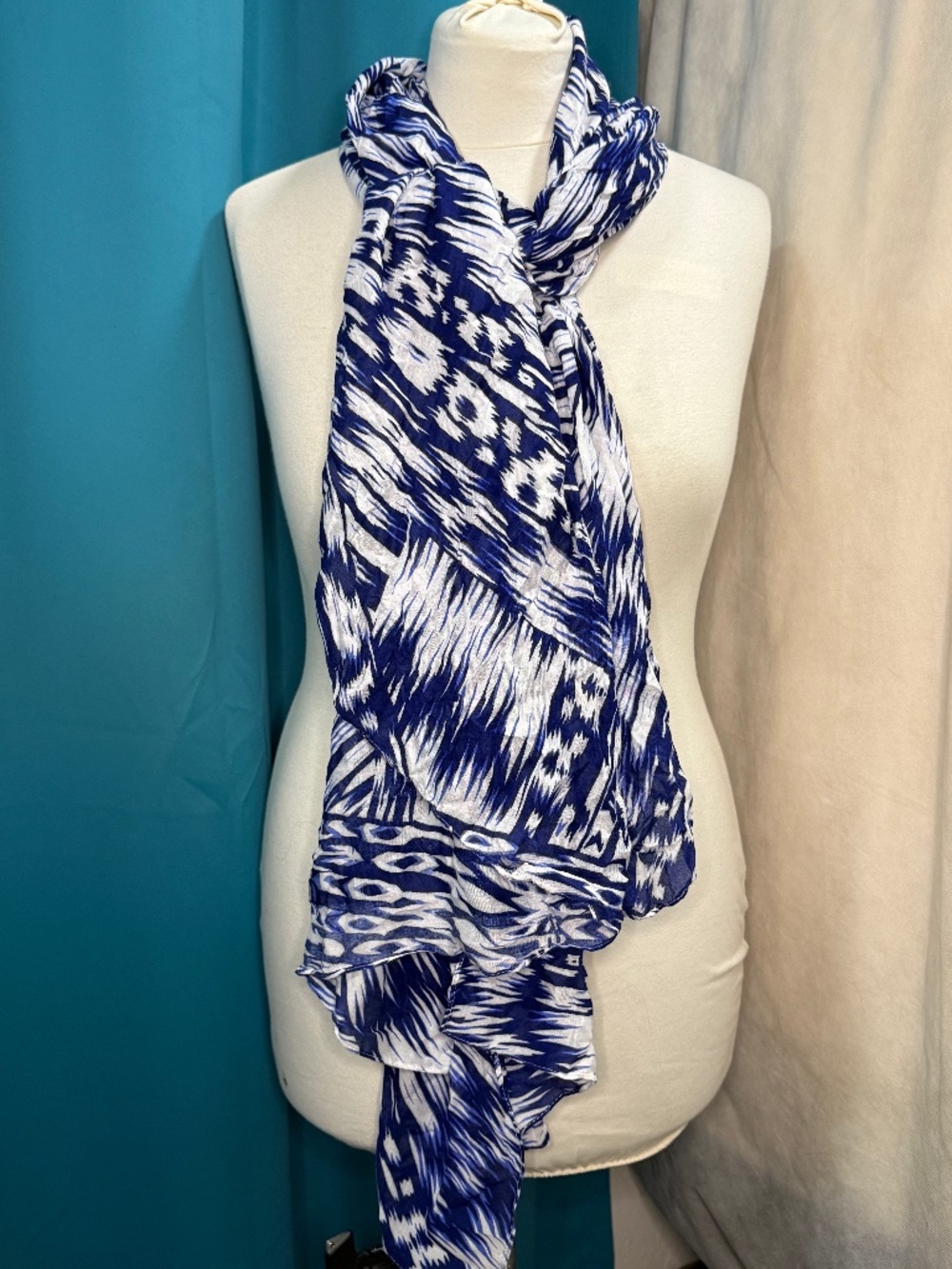 Michael Stars Convertible Ruana Scarf | Blue White Ikat | One Size